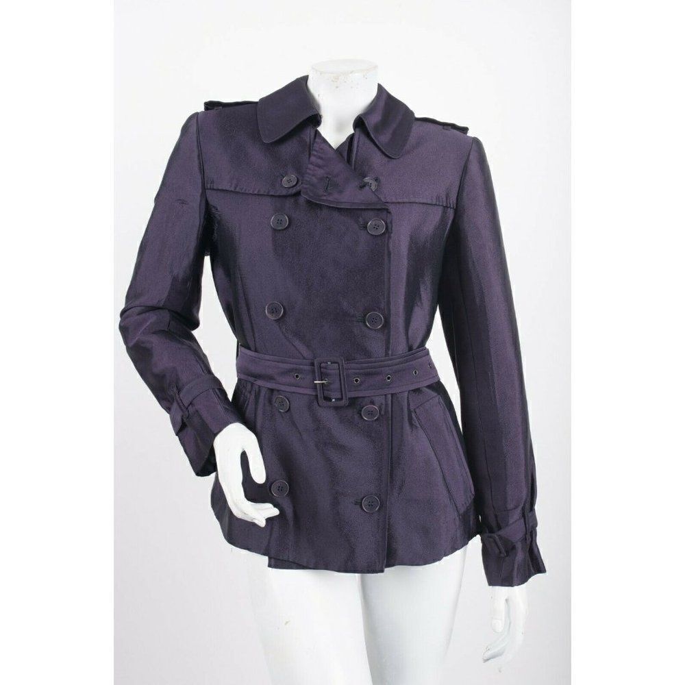 Vintage Womans Jacket Coat Size Small Navy Blue Double Breasted Belted